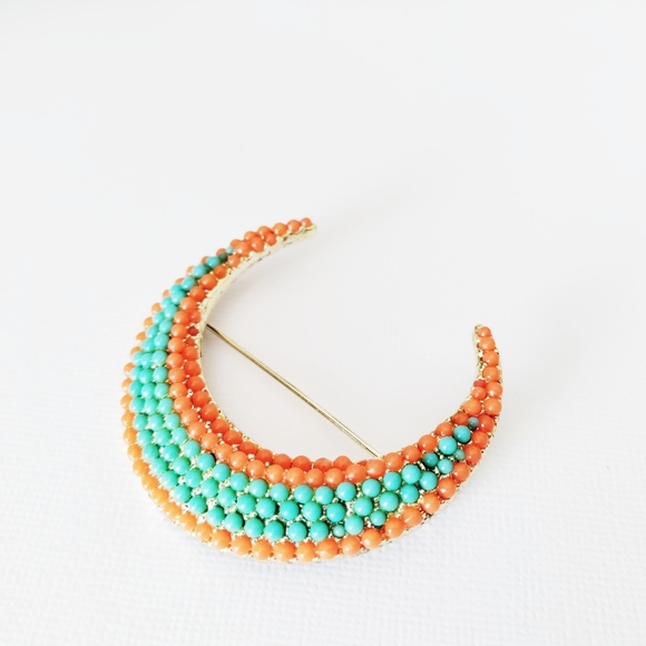 Vintage Simulated Coral and Turquoise Brooch BKS Signed - Picture 8 of 12